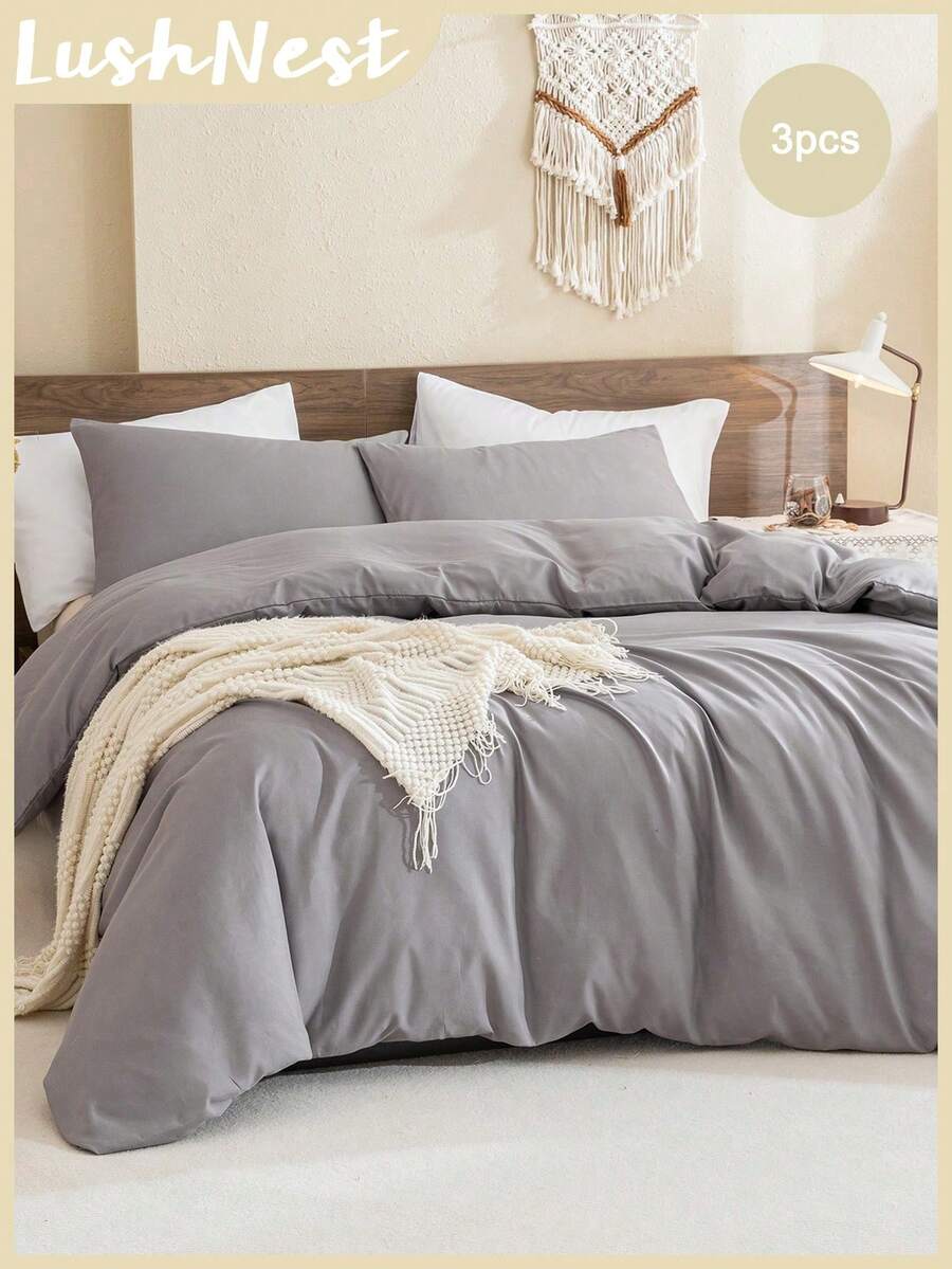 Grey Duvet Cover Set Boho Farmhouse Bedding Set 3 Pcs Solid Colour Super Soft Breathable Microfiber Duvet Cover Set (1 Duvet Cover + 2 Pillow Shams, No Filling) Gifts For Women&Men - Grey - View 1