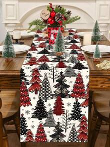 1pc 35*180cm/13.78*70.87inch Christmas Tree Pattern Table Runner, Suitable For Family Gatherings, Christmas Parties, Dining Table Center Decor, Red Black White Color, Dining Table, Dessert Area Decorative Fabric. - Christmas - View 8