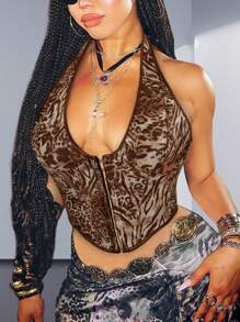 Apperloth A Top corset con escote en V, impresión de leopardo, ojales, cordones delanteros y parte posterior para fiestas, diseño retro Y2K