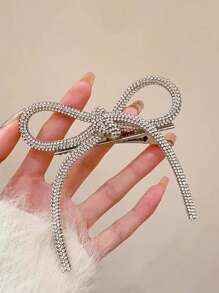 1/2pcs Women White Rhinestone Bow Tie Ribbon Duck Clip Fashionable New Bangs Hair Clip Decor Accessory Suitable For Dress, Party, Prom, Can Be Used As Gift (Random Clip Direction), School Stuff, College