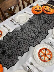 1Pc 18 X 72 Inch Lace Spiderweb Table Runner, Halloween Black Spiderweb Tablecloth, Suitable For Kitchen Table Decoration, Halloween Decoration/Horror Party, Home Decoration, Interior Decoration, Fireplace Decoration Halloween Gift, Perfect Halloween Horror Home Decoration Gift. Room Decor