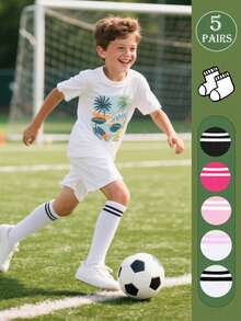 5双装儿童足球袜条纹长款运动袜，适合男孩女孩青少年跑步、训练、橄榄球、曲棍球等运动，是返校礼物、感恩节/圣诞节的理想选择。（黑色/白色/粉色/玫红色/条纹款） - 彩色 - 查看 2