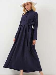 Elegant Woven Fabric Flared Maxi Dress, Suitable For Daily, Travel, Festival, Summer/Winter/Spring/Autumn - Navy Blue - View 1