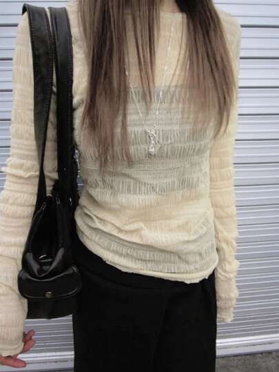 新款时尚褶皱3D纹理蕾丝长袖T恤上衣，纯色休闲春季款