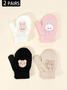 2双幼儿秋冬高弹力针织保暖手套，婴儿童可爱刺绣连指手套，宝宝防抓/咬手套，适合日常休闲穿着和冬季保暖单层手套 - 2雙 - 查看 1