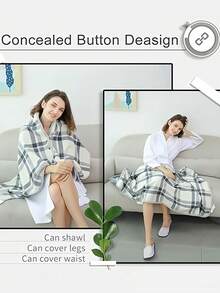 1pc Fleece Wearable Blanket, 80x135cm Plaid Lap Blanket, Comfortable Hooded Poncho With Buttons, Suitable For Bed, Sofa, Office, Gray & White Cozy Cloak With Buttons, Fuzzy Sleeveless Blanket, Women Shawl Wrap Suitable For Home, Office, Outdoor, Machine Washable