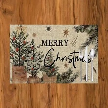 1 pieza/4 piezas/6 piezas Manteles individuales de lino con estampado de copos de nieve y árboles de Navidad, decoración navideña, adecuados para mesa de comedor, todo el año, manteles de mesa modernos y lavables, decoración del hogar, manteles individuales, posavasos, alfombrillas de cocina y comedor, decoraciones de fiesta interior y exterior, regalo ideal
