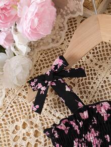 Girls Floral Print Camisole Dress With Bow & Ruffle Hem - Pink - View 3