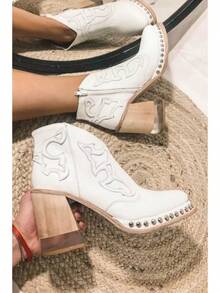 European And American Style Plus Size Chunky Heel  Boots For Women 2025 Autumn Winter New Printed Rivet  Side Zipper Fashion Boots - 白色 - 查看 8