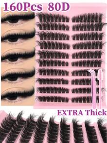 160 件独立睫毛簇 80D D 卷曲 8-16 毫米 DIY 单根睫毛延长套件，超浓密、蓬松、自然、可重复使用，适合家庭使用、外出、日常生活、婚礼、约会、派对、音乐节和旅行睫毛簇、睫毛簇、单根睫毛、睫毛、假睫毛