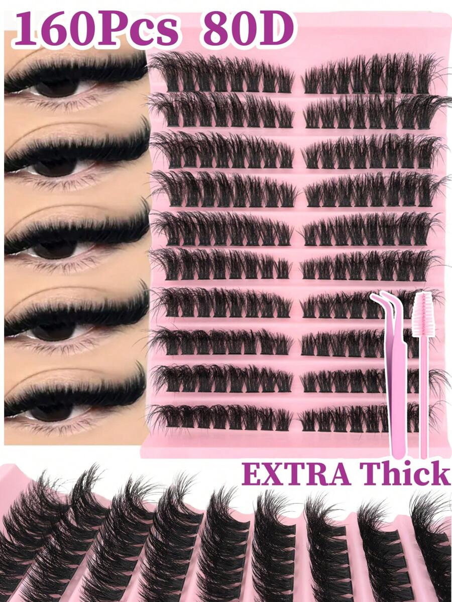 160 件独立睫毛簇 80D D 卷曲 8-16 毫米 DIY 单根睫毛延长套件，超浓密、蓬松、自然、可重复使用，适合家庭使用、外出、日常生活、婚礼、约会、派对、音乐节和旅行睫毛簇、睫毛簇、单根睫毛、睫毛、假睫毛