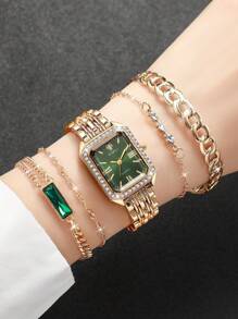 5pcs/Set Women's Fashion Square Minimalist Dial Quartz Wrist Watch With Steel Band + Bracelet Combo (Watch Not Included In Set)