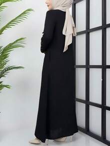 Vestido Longo Elegante Estilo Europeu e do Oriente Médio para Mulheres, Robe Preta com Zíper, Manga Longa Luxuosa Abaya Jalabiya com Aplicações de Strass