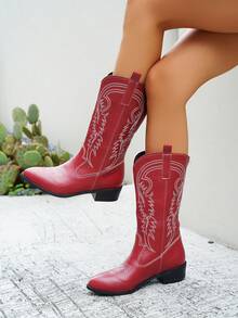 秋冬女式时尚刺绣复古西部牛仔靴，粗跟，套穿式，女靴，牛仔靴 - 紅色 - 查看 3
