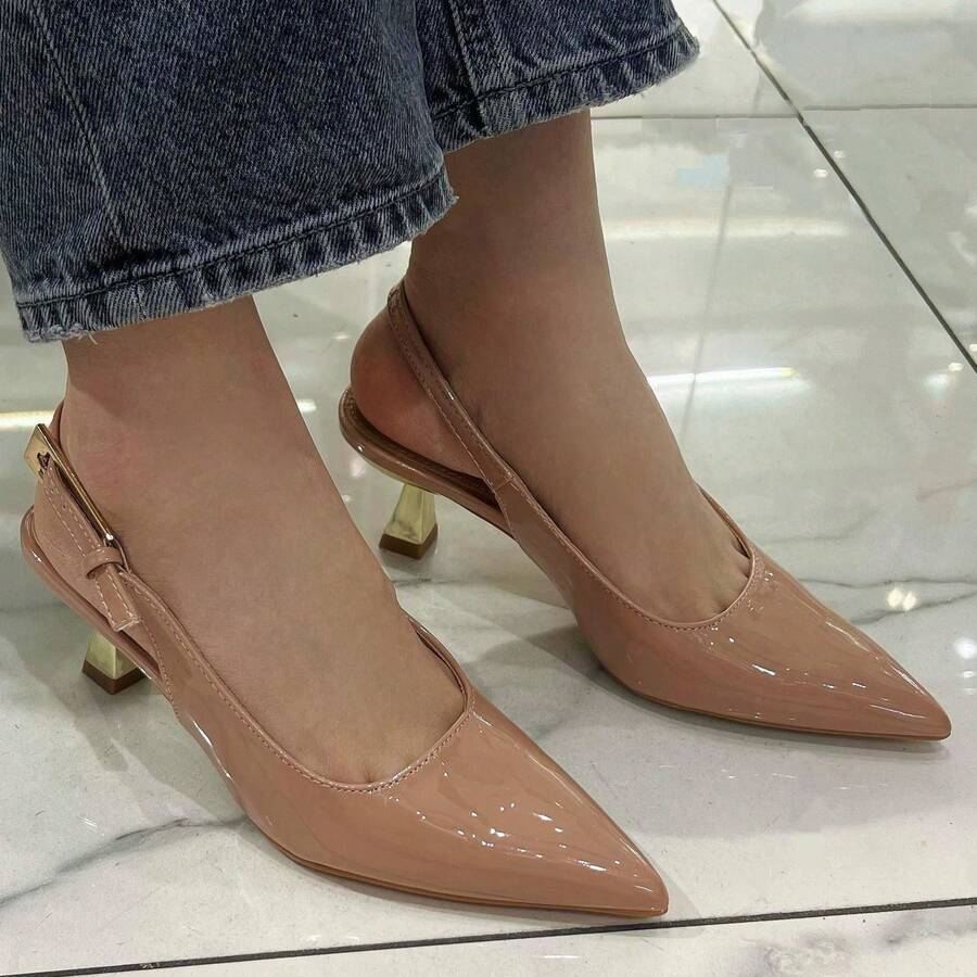 Women's Pointed Toe Adjustable Buckle Design Shiny High Heels - Apricot - View 1