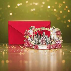 1pc Christmas 3D Greeting Card, Christmas Gift Card, Holiday Treat For Her, Main Color Red, Exquisitely Decorated Card, Home Decor, Includes Elements Such As Christmas Tree, Village, Santa Claus, Reindeer
