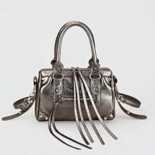 1个枪灰色拼接铆钉金属流苏拉链装饰复古PU材质肩带铆钉双提手可调节长肩带拉链闭合时尚复古甜美朋克Y2K风格方形手提包，休闲低调奢华女士斜挎包，可装手机、卡包，适合日常、旅行、购物 - 槍色 - 查看 12