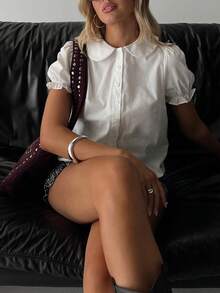 Ladies Doll Collar Short Sleeve Blouse, Suitable For Summer Commuting, Dating Or Daily Wear, Creating A Sweet And Age-Reducing Atmosphere, Can Be Paired With High-Waisted Skirts Or Jeans, Showing A Fresh And Elegant Style - 白色 - 查看 1