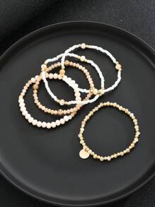 5pcs/Set Fashionable & Versatile Rice Pearl Bead Round Pendant Stacked Bracelets, Suitable For Women Summer Beach Vacation Daily Accessories
