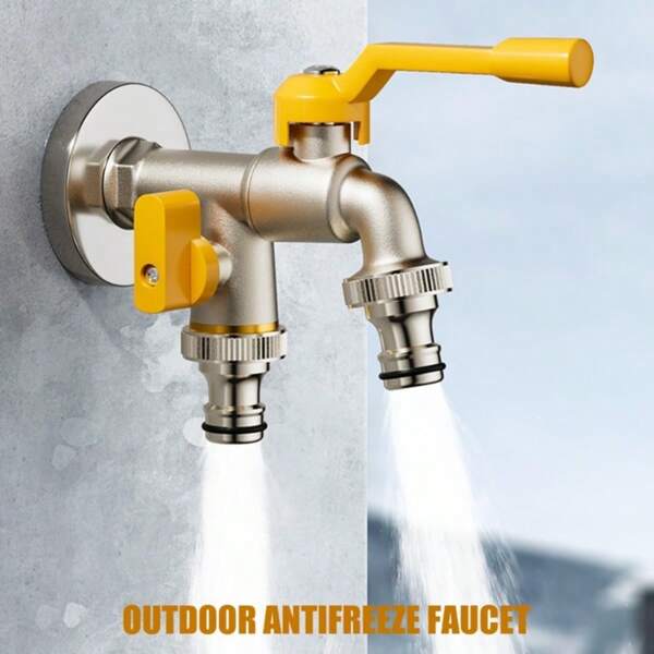 Thickened Outdoor Faucet Frost Protection, Yard Garden 1 Inlet 2 Outlet Outdoor Home Single Cold Quick Connect Double Spigot