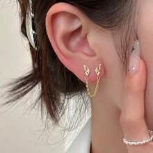 1 件双耳钉链耳环，时尚女士小众设计镶嵌锆石闪亮耳钉，甜美多穿孔链流苏耳线，适合学校、甜美性感女孩、个性化、女性圣诞礼物
