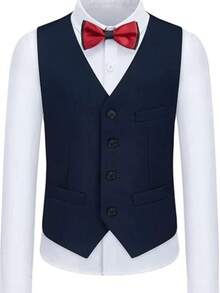 5-Piece Boys Formal Suit Set Slim Fit Blazer Jacket  Vest Waistcoat  Dress Pants  Shirt Bow Tie  Ring Bearer & Wedding Party Outfit  Kids Ages 2-14 Years School Opening Ceremony Season To Wear - 藏青色 - 查看 6