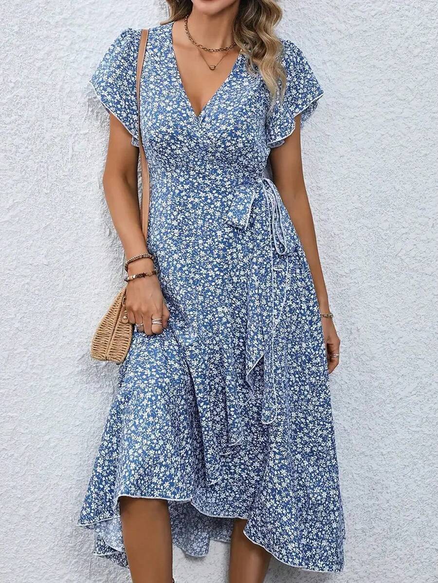 Women's Bohemian Floral Dress - V-Neck Ruffle Sleeve Tie Waist, Midi A-Line Skirt, Summer Vacation & Wedding Guest Outfit, Vestidos Elegantes De Mujer Teacher Outfits - Màu xanh lam - Xem 1