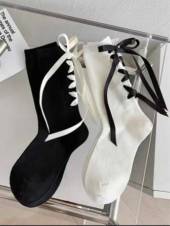 2 זוגות גרביים עד אמצע השוק בצבע שחור ולבן עם פפיון תחרה בסגנון אחיד בית ספר יפני, גרבי סתיו, חמודות ואלגנטיות לנשים
