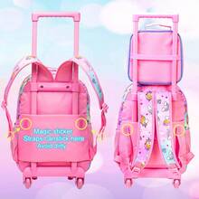 3PCS Rolling Backpack For Girls, Crown Unicorn Kids Roller Wheels Bookbag, Wheeled School Bag With Lunch Bag