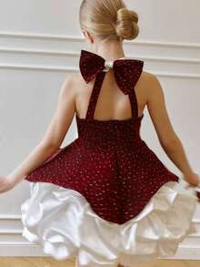 Girls' Vintage Elegant Burgundy Velvet Collar Ruched Bow Tie Dress, Suitable For Prom, Birthday Party, Banquet, Christmas, Wedding, Autumn/Winter