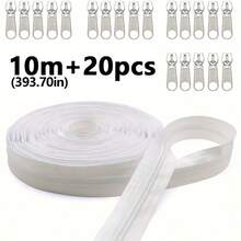 1 Roll 3# Nylon Coil Zipper, 196.85 Inch/393.7 Inch Continuous Nylon Coil Zipper With 10/20 PCS Silver Zipper Sliders