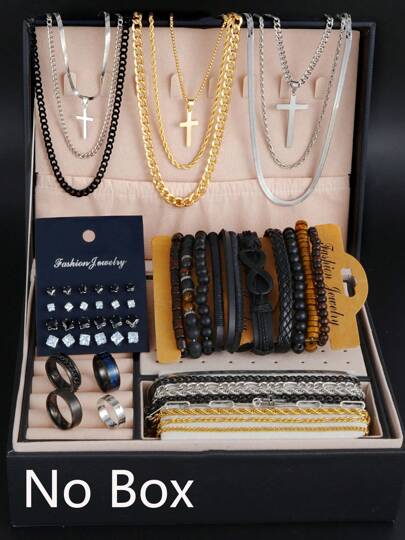 3-55pcs Casual Hip Hop Stainless Steel Cross Multilayer Necklace Jewelry Set For Men, Stainless Steel Bracelet, Ring, Leather Bracelet, Cubic Zirconia Earrings, Perfect For Daily Wear, Dating, Birthday, Holiday Gift (No Box)