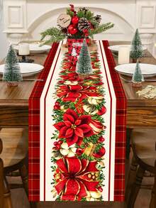 1pc 35*180cm/13.78*70.87inch Christmas Table Runner, Holiday Fabric Decor Tablecloth, Red Bow & Christmas Flower Pattern Long Table Topper, Suitable For Christmas Home Decoration