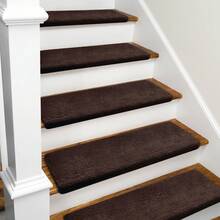 Plush Soft 14pcs Bullnosed Carpet Stair Treads Cover (9.5" X 30"X1.2")With 1pcs Landing Mat (24"X36") Rugs Set Tape Free Self-Adhensive Non-Slip Noise Reduced - 深棕色 - 查看 4