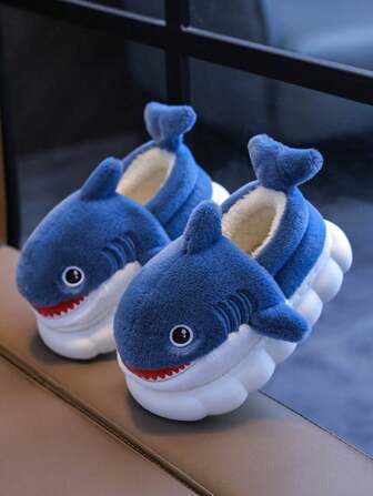 1 Pair Kids Cute Cartoon Shark Soft Plush Comfortable Slippers, Non-Slip Indoor Shoes, Autumn/Winter