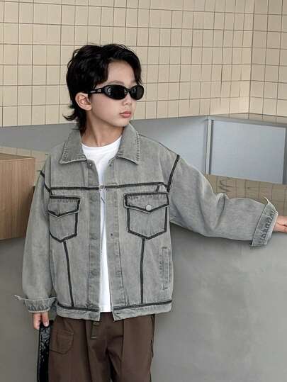 男童宽松牛仔夹克，适合秋季休闲、上学、户外穿着