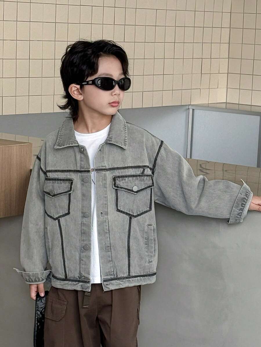 Boys' Loose Fit Denim Jacket, Suitable For Casual, School, Outdoor Wear, Autumn