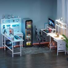 HLONONE Gaming Table with LED, 170 x 100 cm, Gaming Desk, L Shape with 3 Sockets and 2 USB, Reversible Corner Desk, PC Corner Table, Computer Desk with Monitor Stand and Countertop Shelf