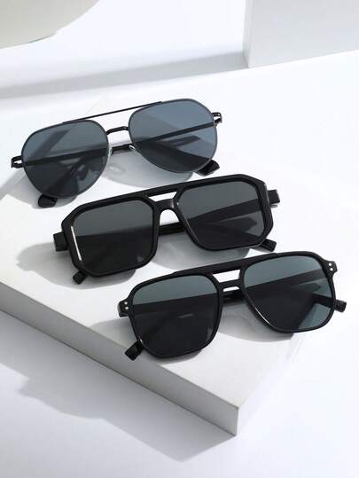 3 件装男士黑色塑料和金属方形几何组合镜框太阳镜基础款街头风格百搭时尚眼镜，适合驾驶、高尔夫、露营、街拍、商务休闲、户外装扮装饰