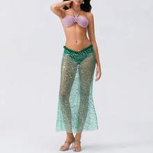Women Mermaid Outfit, Halterneck Pearled Bra With Sequined Sheer Skirt Halloween Costume 2-Piece Outfit - 藍色 - 查看 8