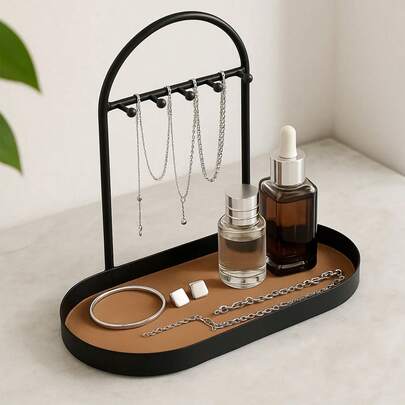 Modern Metal Key Holder & Organizer - Oval Entryway Tray With Multiple Hooks For Keys, Watches, Jewelry - Durable Multi-Purpose Home Decor For Bathroom, Desk, Countertop Storage, Desktop Accessory, Sleek Design, Powdercoated Finish, Bathroom Storage,