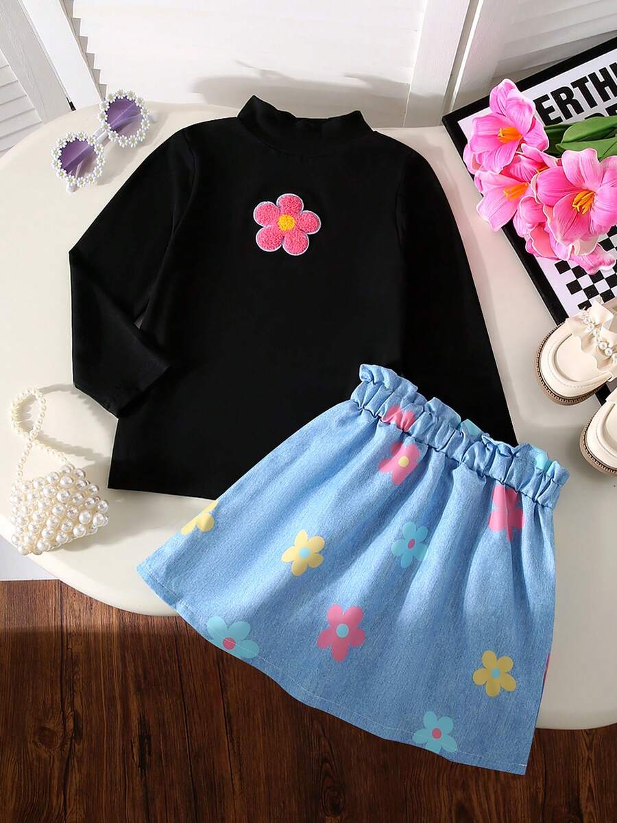 2pcs Girls Embroidered Floral Stand Collar Long Sleeve Top + Floral Print Ruffle Hem Skirt Set, Autumn/Winter - Black - View 1