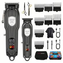 2 piezas/set HIENA Profesional inalámbrico para cabello Clipper, LED, Charging USB, C portátil para el cabello, Set de tijeras de regalo, el mejor regalo para él - Negro - Ver 2