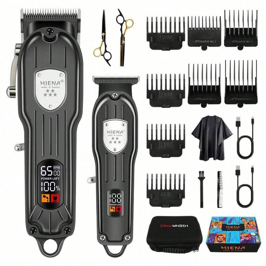 2 piezas/set HIENA Profesional inalámbrico para cabello Clipper, LED, Charging USB, C portátil para el cabello, Set de tijeras de regalo, el mejor regalo para él