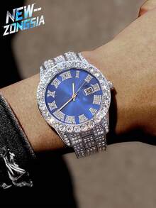 5 Pcs Hip Hop Gift Watch+Cross Pendant Necklace+Bracelet Creative Iced Out Miami Link Chain Jewelry Set For Men And Women - Royal Blue - View 9