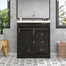 31" Farmhouse Bathroom Vanity With Sink Combo, Freestanding Cabinet With 2 Drawers & Sliding Barn Door, Small Bathroom Storage, White/Grey/Dark Grey/Dark Oak - Dark Oak - 查看 3