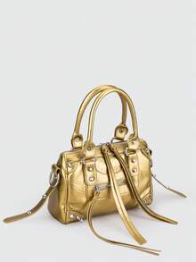 1 chiếc túi xách vuông thời trang retro, phong cách Y2K, chất liệu PU, đính đinh tán vàng, khóa kéo trang trí, dây đeo có thể điều chỉnh, dây đeo vai dài, khóa kéo. Túi xách nữ kiểu dáng đơn giản nhưng sang trọng, đựng được điện thoại, thẻ, phù hợp cho sử dụng hàng ngày, du lịch và mua sắm. - Vàng - Xem 6