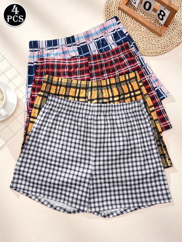 4pcs/Pack Men's Breathable Elastic Waist Plaid Print Boxer Shorts, Loose Fit Casual Underwear