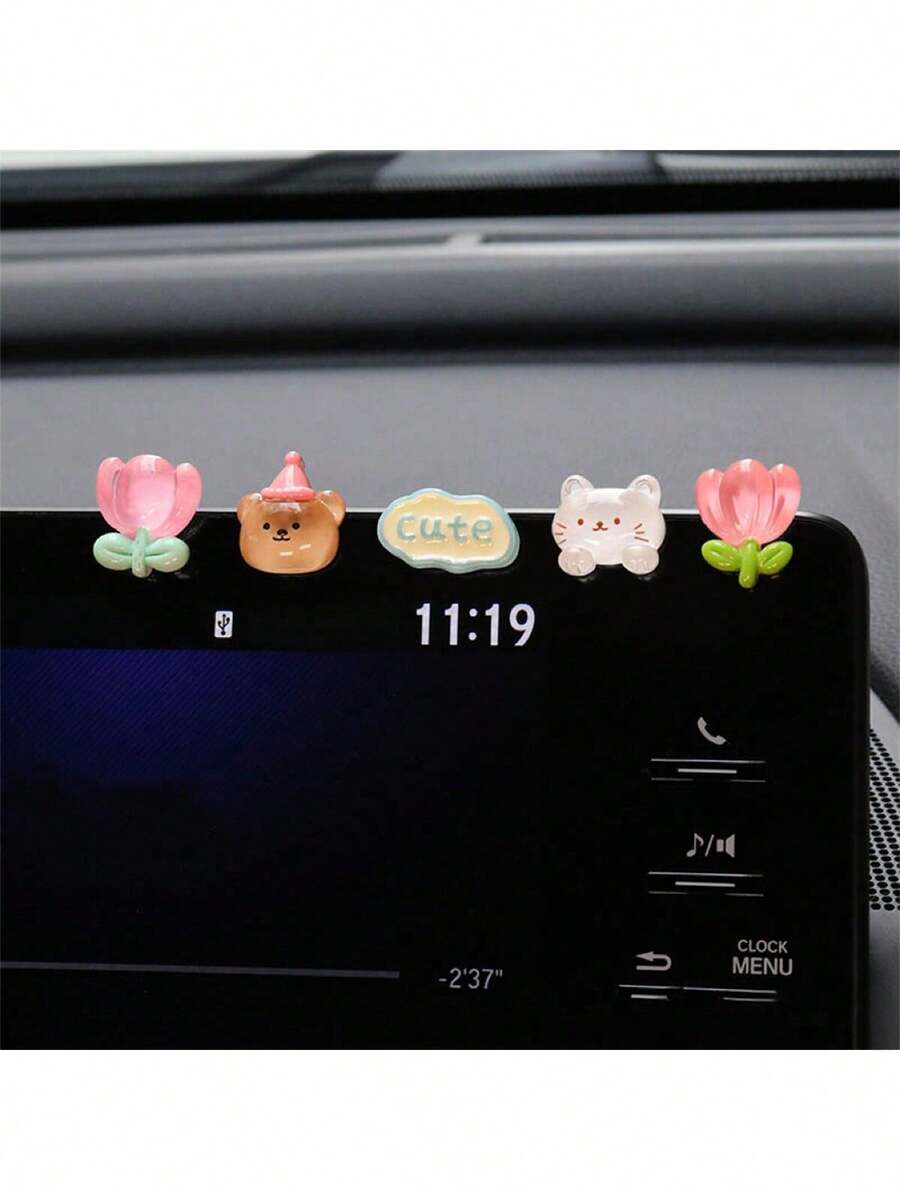 AD 5pcs Cute Rainbow Bear Car Dashboard Decor, Creative Computer Monitor Display Ornament, Auto Interior Accessories - Baby Pink - View 1