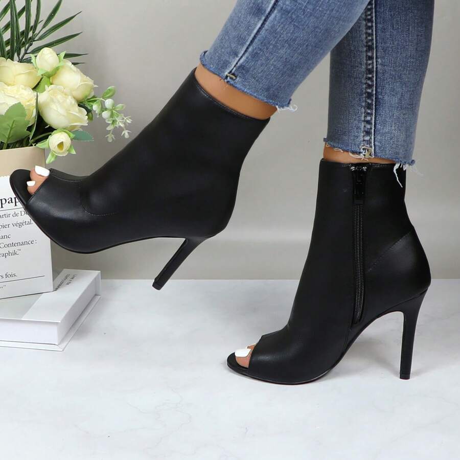 Womens Peep Toe Stiletto Booties Side Zipper High Heel Open Toe Ankle Boots CHARLIE-212 - 黑色 - 查看 1